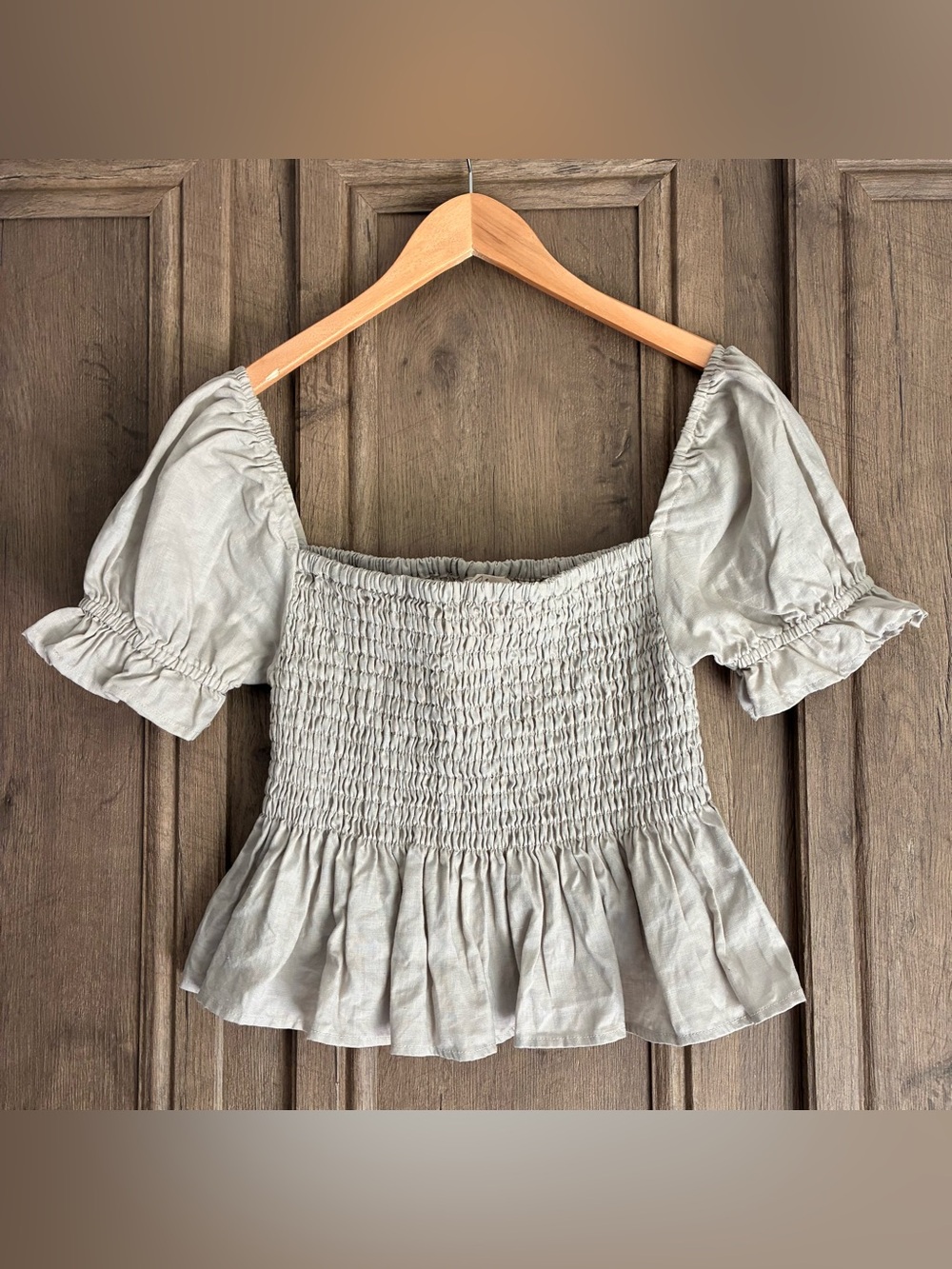 Elan 100% Linen Cream Smocked Neck Peplum Blouse Size M